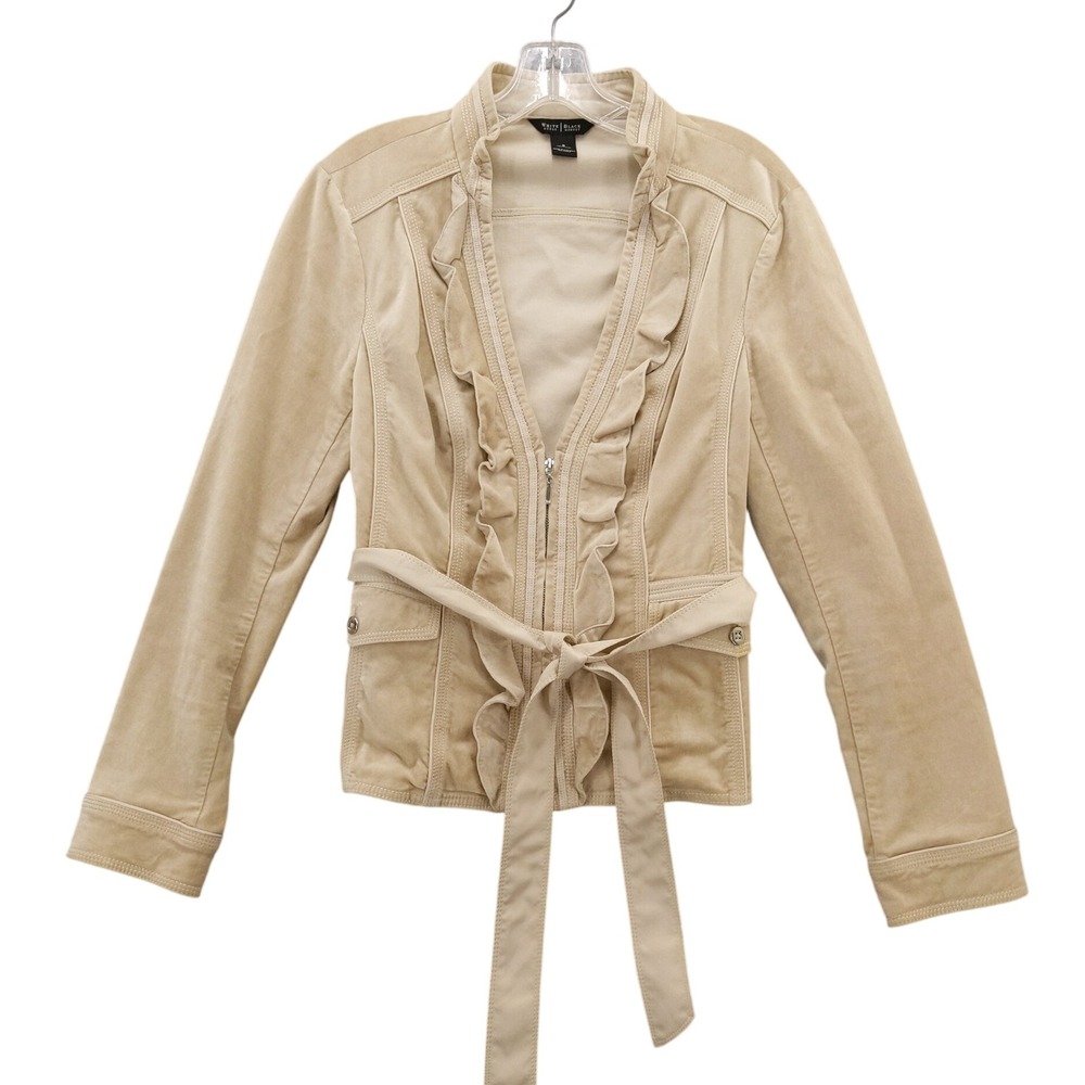White House Black Market Jacket Ruffle Front Tie‎ Waist Beige Velvet Size 8